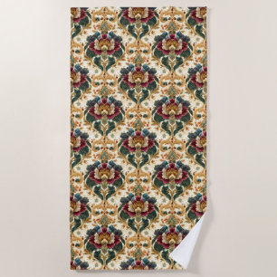 Toalha De Praia Damasco Floral Vitoriano Ornamentado em Verde-Azul