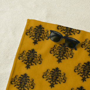 Toalha De Praia Damasco preto no padrão amarelo da mostarda