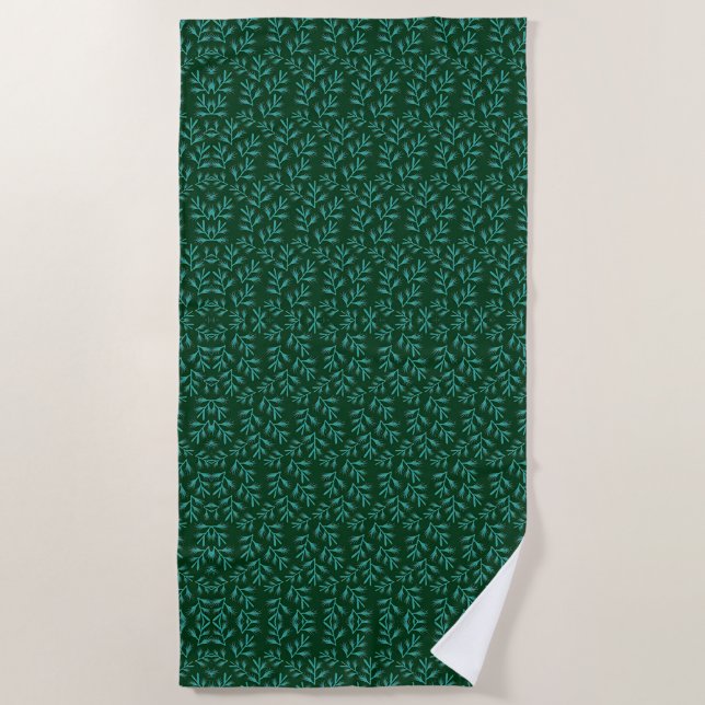 Toalha De Praia  Dark Green Background with Teal Botanical Leaves (Frente)