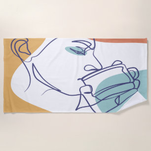 Toalha De Praia desenho de arte linear pôster de mulher bebendo ca