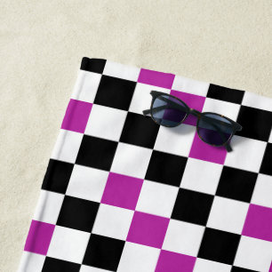 Toalha De Praia Desenho de padrão xadrez roxo preto e branco