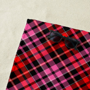 Toalha De Praia Desenho Xadrez Tartan Preto Vermelho Rosa
