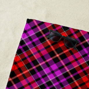 Toalha De Praia Desenho Xadrez Tartan Preto Vermelho Roxo