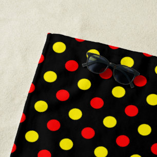 Toalha De Praia Design de Pontos Polka Pretos Vermelhos Amarelos 