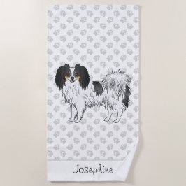 Toalha De Praia Design Feliz do Cão Phalène Tricolor com Nome Pers