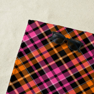 Toalha De Praia Design Xadrez Escocês Laranja Preto Rosa