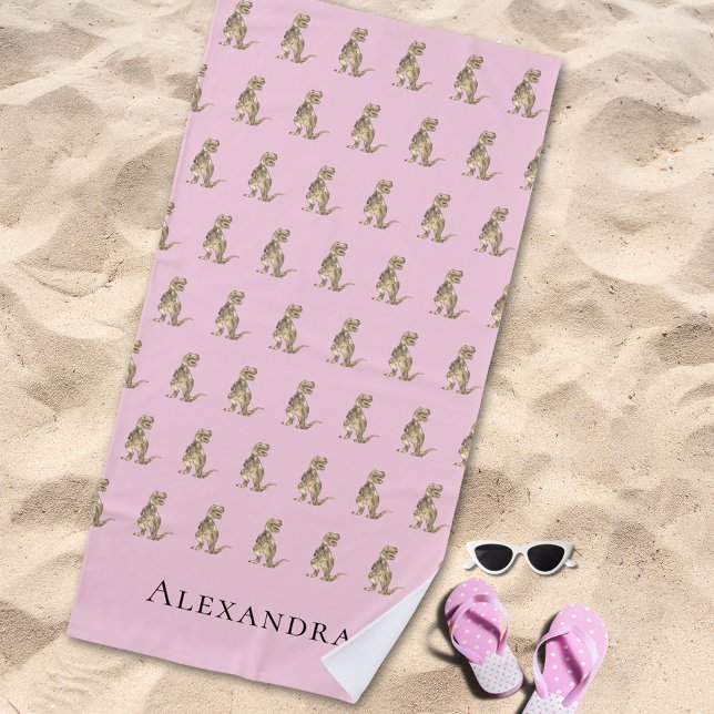 Toalha De Praia Dinossauro do nome da garota personalizada (Personalized girl monogram name Jurassic dinosaur pattern pink beach towel Prehistoric T-Rex dino )