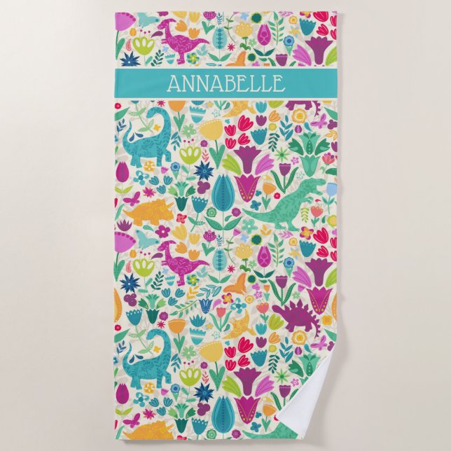 Toalha De Praia Dinossauro Floral Silhouettes Lindas Meninas (Frente)