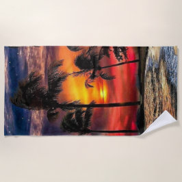 Toalha de Praia do Pôr do Sol com Oceano e Palmeir
