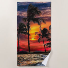 Toalha de Praia do Pôr do Sol com Oceano e Palmeir