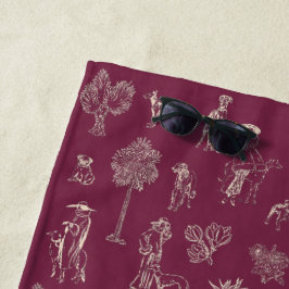 Toalha De Praia Dogs Lady Toile de Jouy Burgundy Color