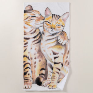 Toalha De Praia Dois Gatos Bengala Arte Aquarela