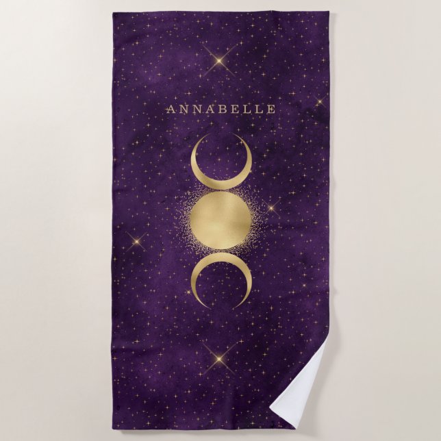 Toalha De Praia Dourada Lua Roxo Celestial Tripla Personalizada (Frente)