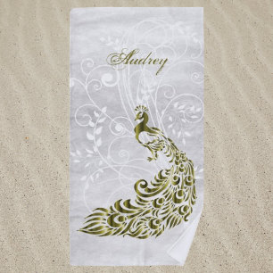 Toalha De Praia Dourada Peacock Personalizado Beach Towel