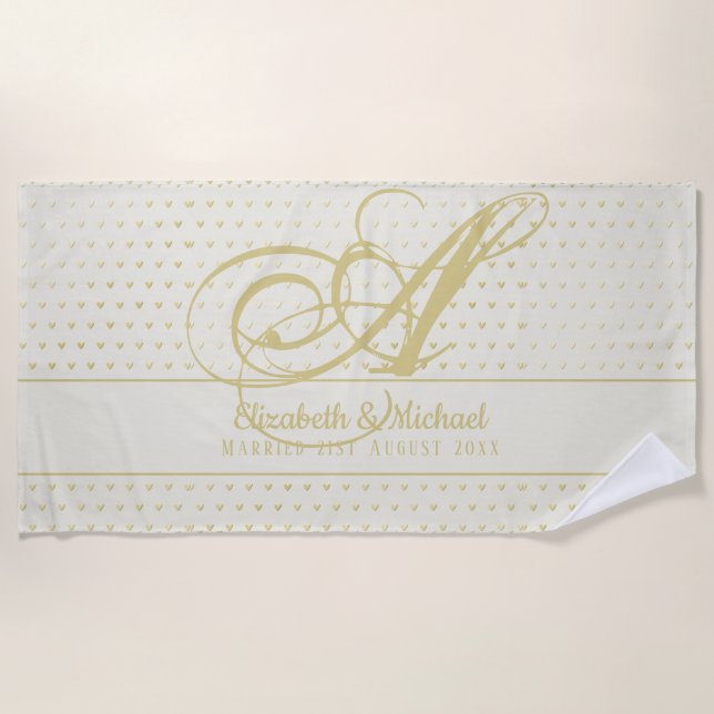 Toalha De Praia Dourado amor Corações Monogramas Presente de Casam (Frente)