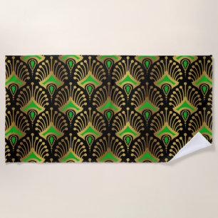 Toalha De Praia Dourado e verde Art Deco, de preto