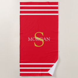 Toalha De Praia Dourado Monograma/Nome Branco Stripes Brancas, Ver