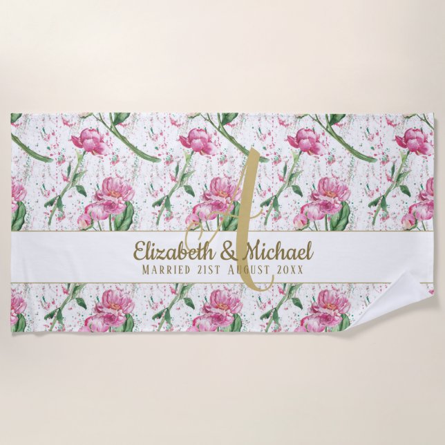 Toalha De Praia Dourado Monograma Rosa, Pêonias Verdes Sai Recém-V (Frente)