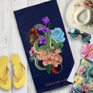 Toalha De Praia Dragão Chinês Verde Místico Floral Azul Marinho