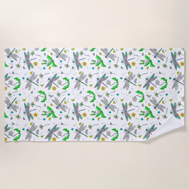 Toalha De Praia Dragões Whimsical e Dandelions Desenhados (Frente)