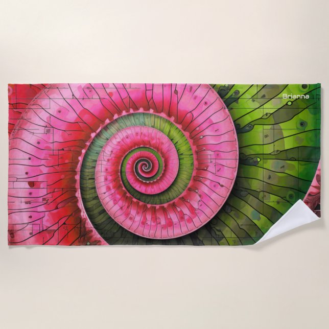 Toalha De Praia Dubman Designs: Fibonacci Rosa e Verde Brilhante  (Frente)