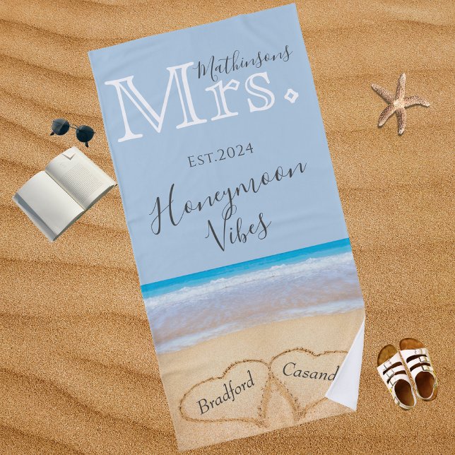 Toalha De Praia Dusty Blue Beach Wedding 2 Hearts Sand | (Criador carregado)