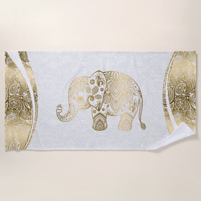 Toalha De Praia Elefante Floral Branco e Dourado (Frente)