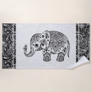 Toalha De Praia Elefante Floral Branco e Preto