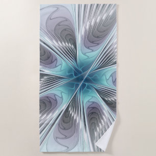 Toalha De Praia Elegance Modern Blue Cinza White Fractal Art Flowe
