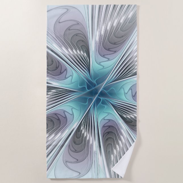 Toalha De Praia Elegance Modern Blue Cinza White Fractal Art Flowe (Frente)