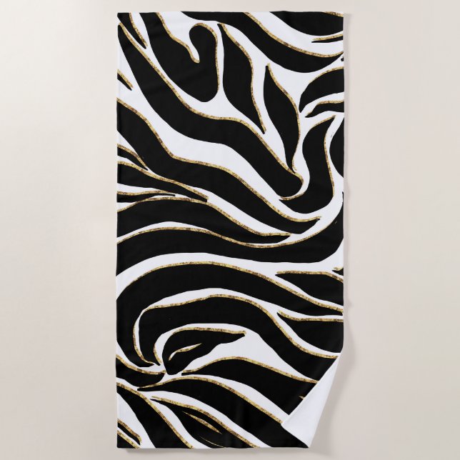 Toalha De Praia Elegant Black Gold Zebra White Animal Print (Frente)
