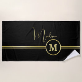 Toalha De Praia Elegant Gold Signature Monogram on Black