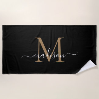 Toalha De Praia Elegante Black Dourado Monograma Feminine Script G