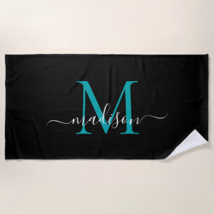 Toalha De Praia Elegante Black Teal Monograma Feminino Girly Scrip