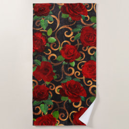 Toalha De Praia Elegante Classy Damask Vintage Chic Rosas vermelha