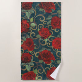 Toalha De Praia Elegante Classy Damask Vintage Chic Teal Rosas ver