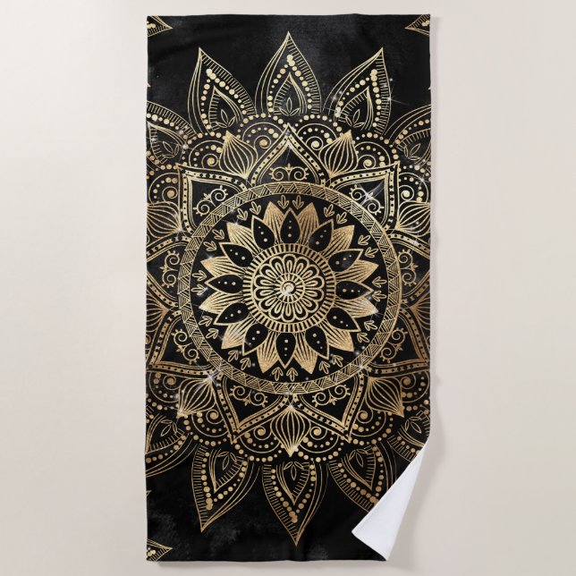Toalha De Praia Elegante Dourado Mandala Black Design (Frente)