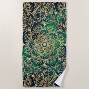 Toalha De Praia Elegante Dourado Mandala Floral Verde Azul