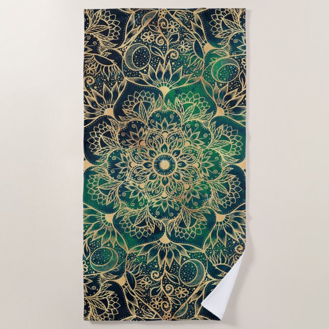 Toalha De Praia Elegante Dourado Mandala Floral Verde Azul (Frente)