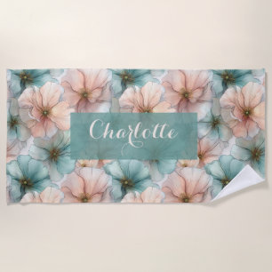 Toalha De Praia Elegante Floral Personalizado Rosa e Verde Vintage