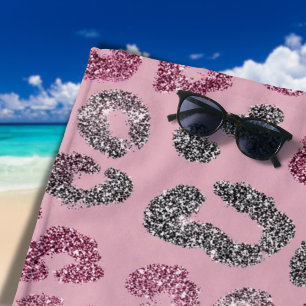 Toalha De Praia Elegante Glitter Leopardo Rosa Prata em Dourado Ro