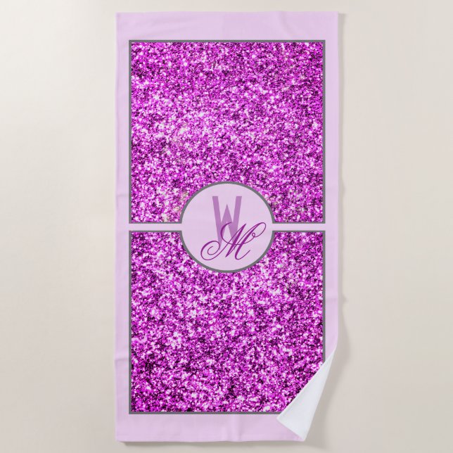 Toalha De Praia Elegante Glitter Rosa Monogramado  (Frente)