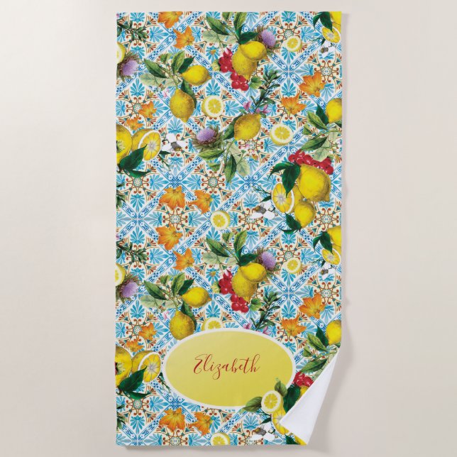 Toalha De Praia Elegante Lemon Monogrammed (Frente)