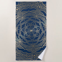 Toalha De Praia Elegante Mandala Art Boho Dourado e Marinho Luxo A