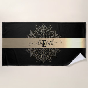 Toalha De Praia Elegante Mandala Floral Moderna Faixa Preta Dourad