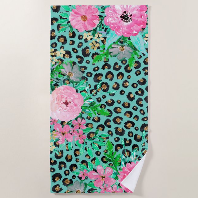 Toalha De Praia Elegante Mint Leopard Print e Floral Design (Frente)