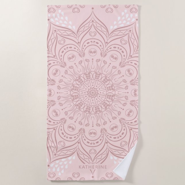 Toalha De Praia Elegante personalizado Boho Blush Pink Mandala (Frente)