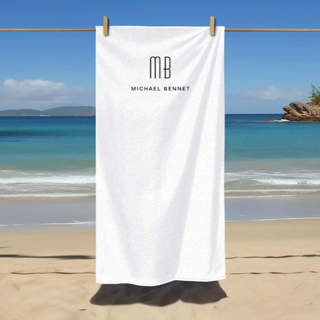 Toalha De Praia Elegante, preto e branco, monograma (Elegant Black and White Monogrammed Beach Towel)