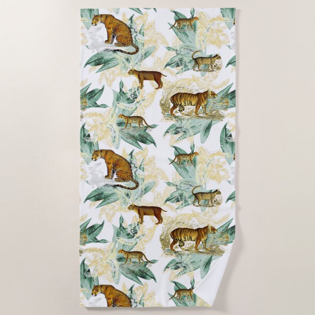 Toalha De Praia Elegante Safari Selvagem Tropical Gatos Tiger Leop (Frente)