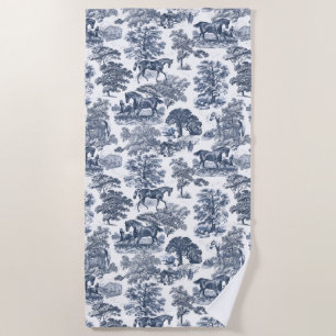 Toalha De Praia Elegante Toile Azul Pó Vintage Branco Cavalos